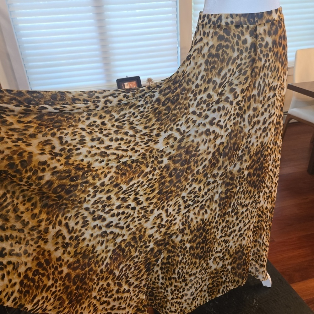 Organza Leopard Animal Print Full A Line Flowy Maxi Skirt Brown Size Small